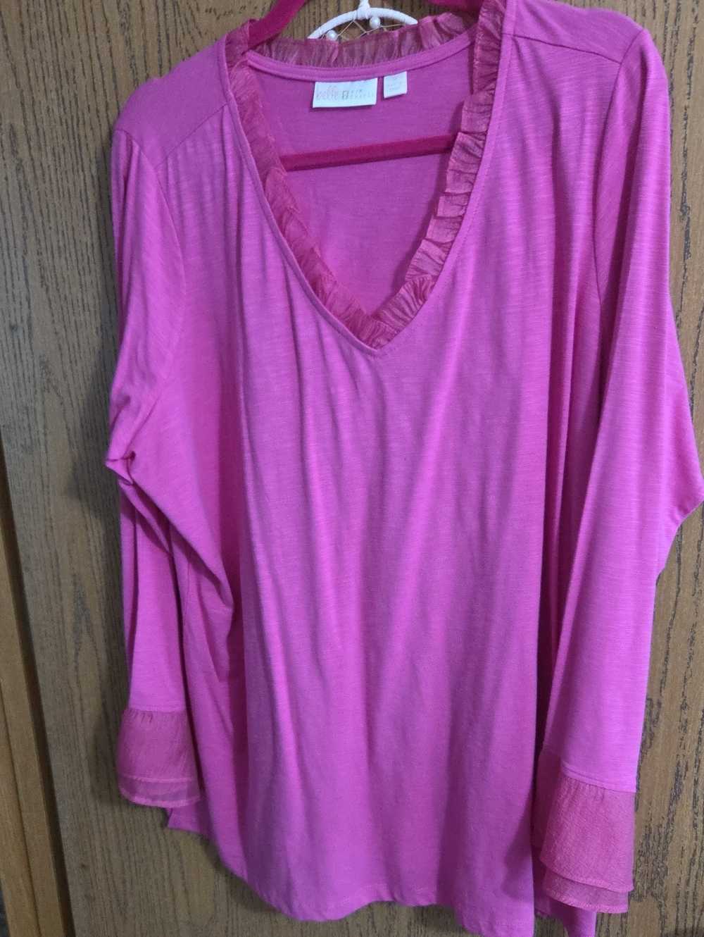 Belle by Kim Gravel Hot Pink V-Neck Ruffle Trim Tunic